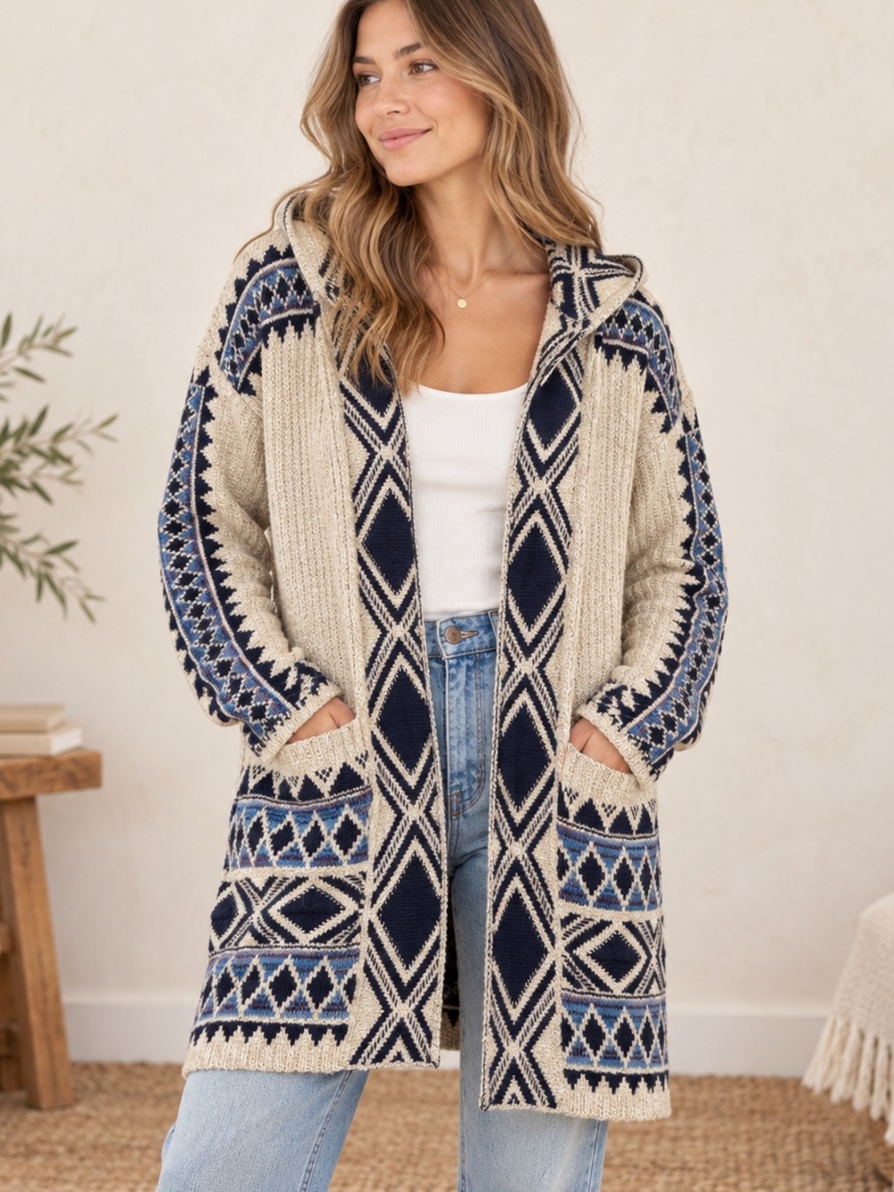 Lucky Brand Hooded Cardigan Large Southwestern Aztec Boho Cotton Knit Sweater